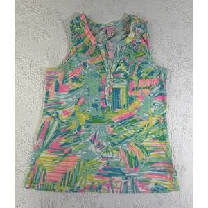 Lilly Pulitzer XS Aqua La Vista Etta Sleeveless Slub Cotton Top 24" Gold Buttons